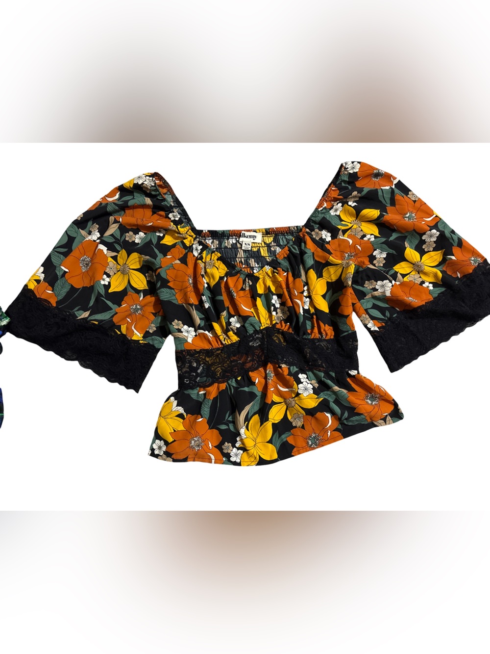 Floral Off-Shoulder Peplum Top with Lace Trim - Black/Orange/Yellow